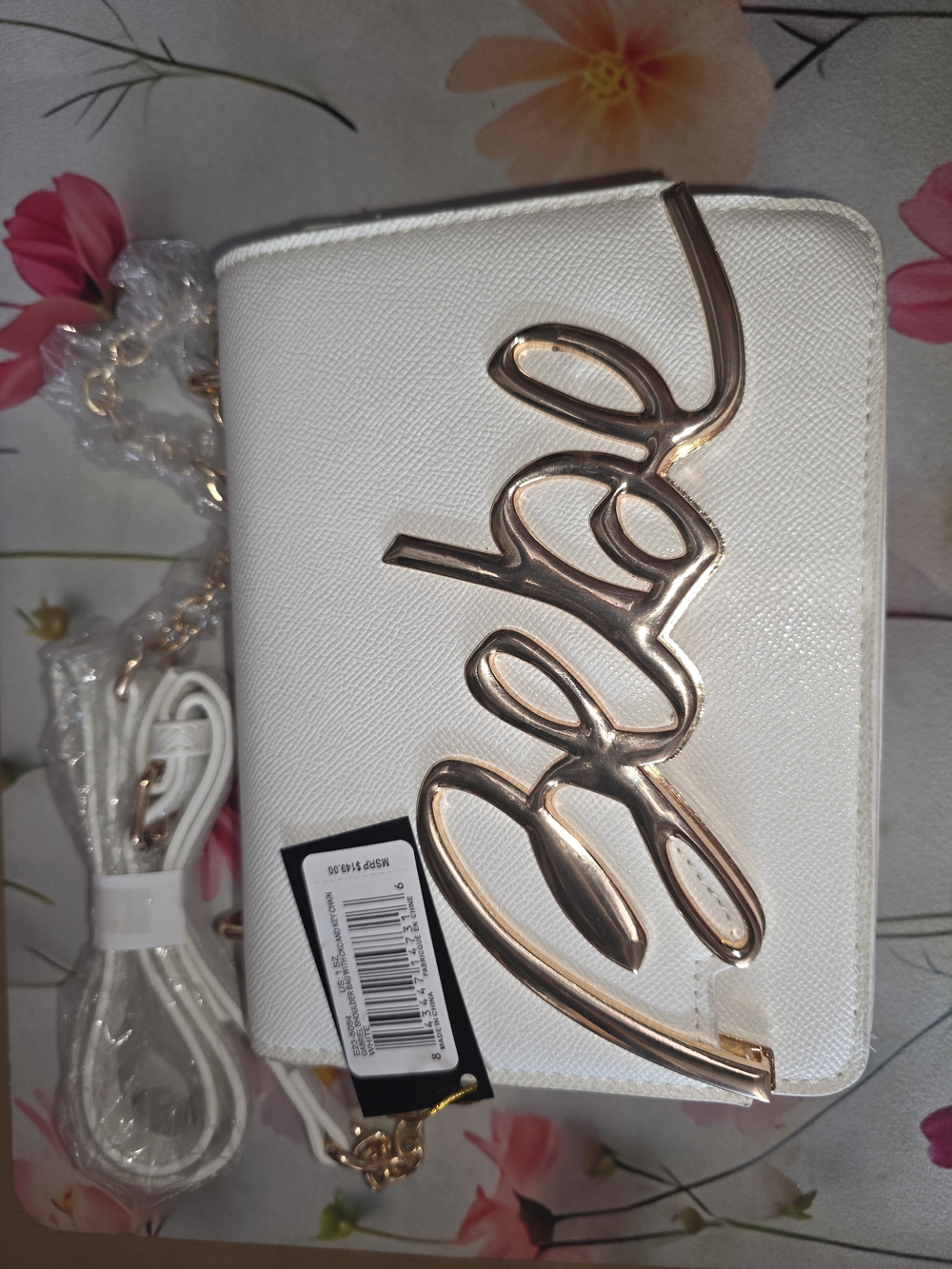 BEBE White Women's Crossbody Bag with Gold Script Accent